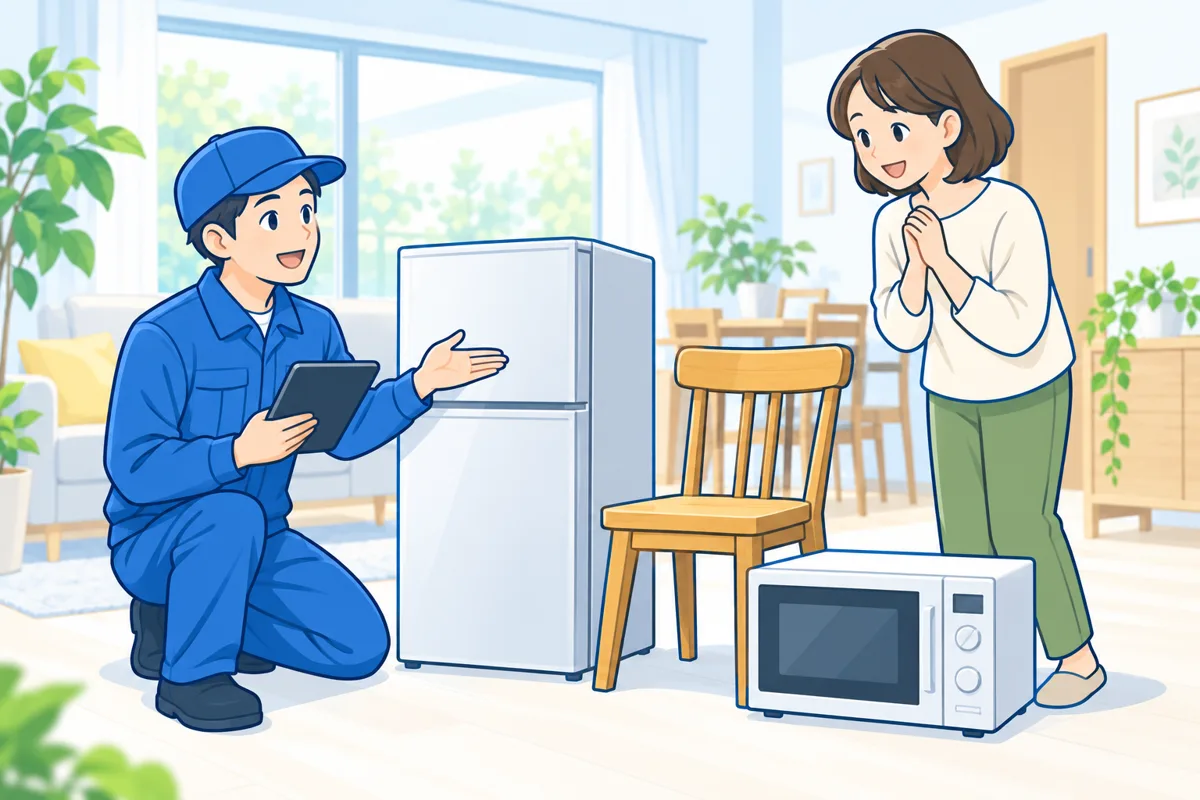 家具や家電の状態を一緒に確認する買取相談のイラスト